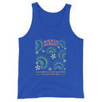 Royal Blue Carnivores unisex tank top with Wicked Hungry in coral, in the upper middle, surrounded by wood block print style flytraps in teal. 