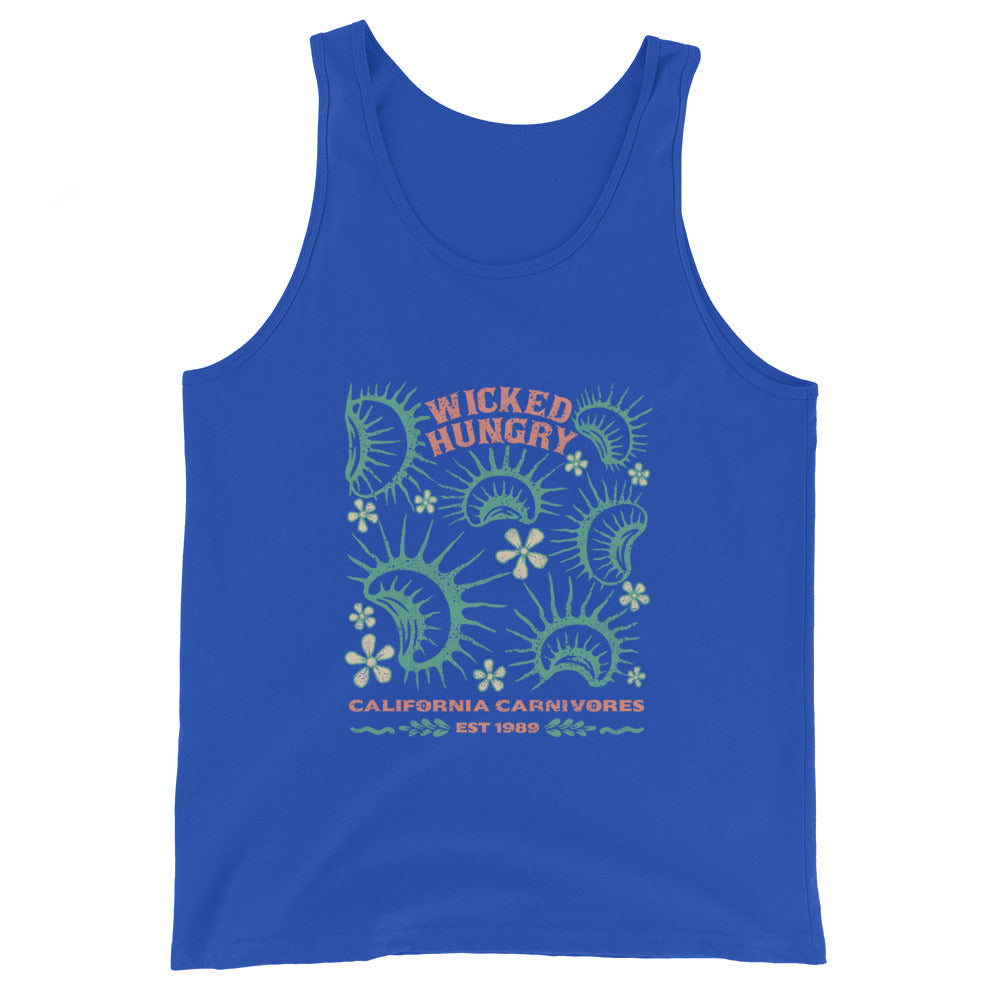 Royal Blue Carnivores unisex tank top with Wicked Hungry in coral, in the upper middle, surrounded by wood block print style flytraps in teal. 