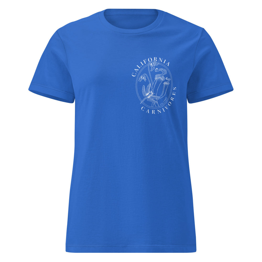Blue t-shirt with a white graphic design on a white background