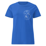 Blue t-shirt with a white graphic design on a white background