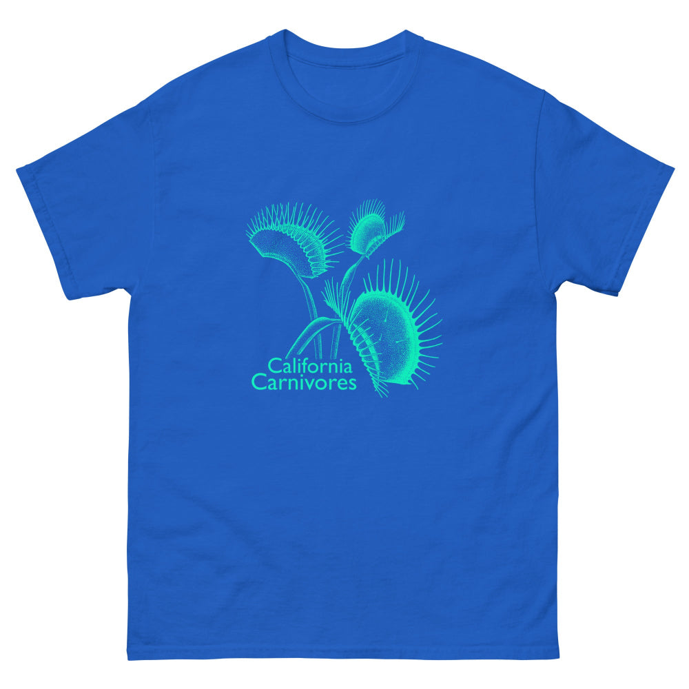 Blue t-shirt with teal carnivorous plant design and text on a white background