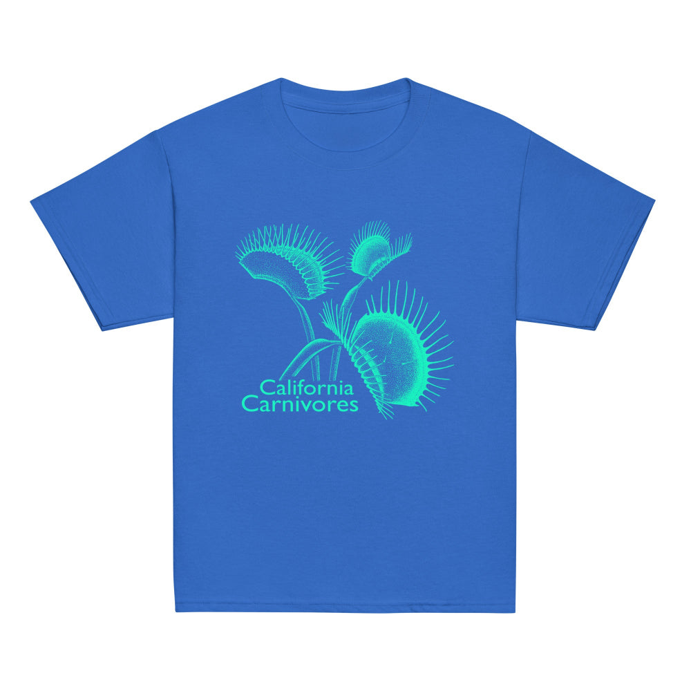 Blue t-shirt with teal plant design and 'California Carnivores' text on a white background