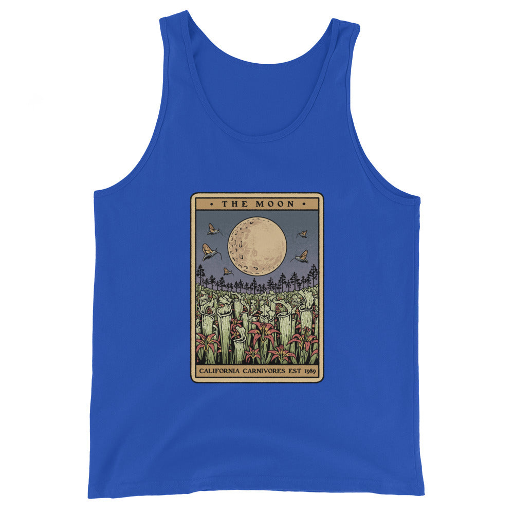 Blue tank top with a graphic design of 'The Moon' tarot card on a white background