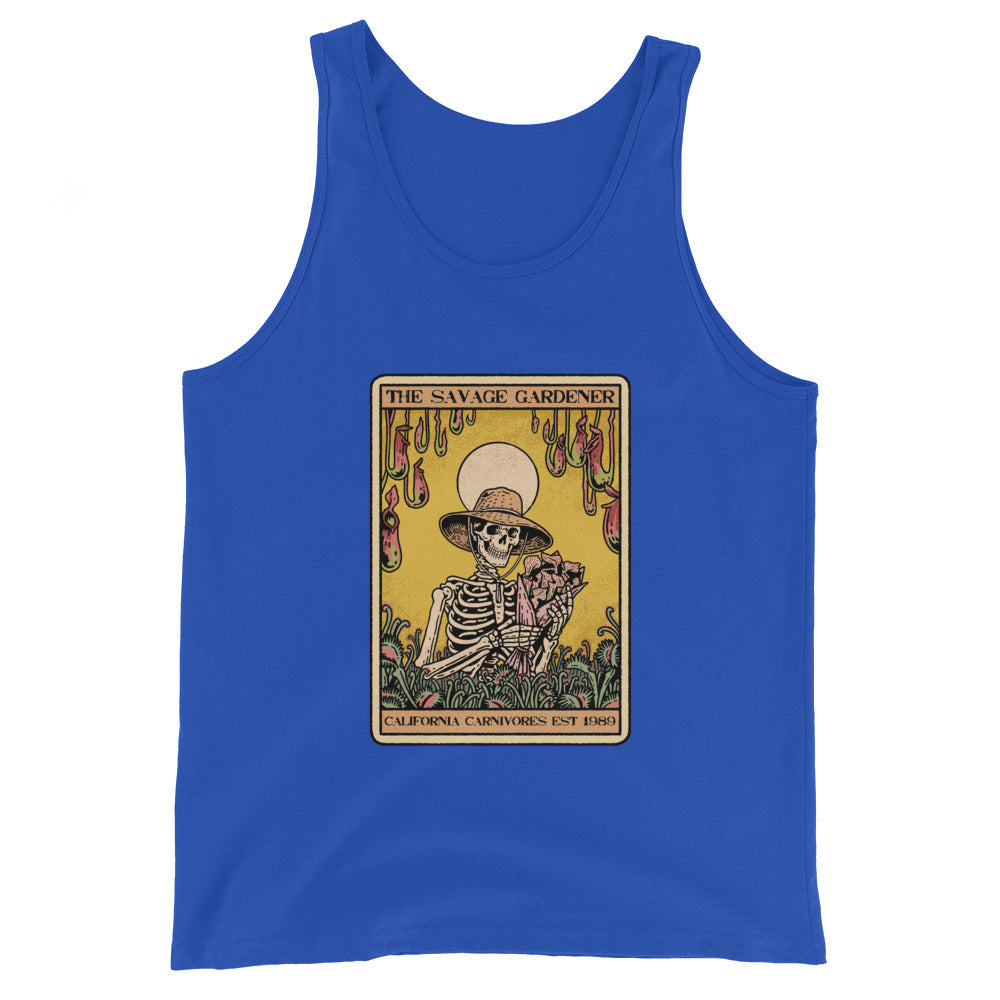 Royal Blue tank top with a skeleton and garden design on a white background
