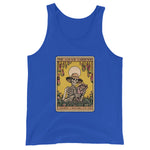 Royal Blue tank top with a skeleton and garden design on a white background