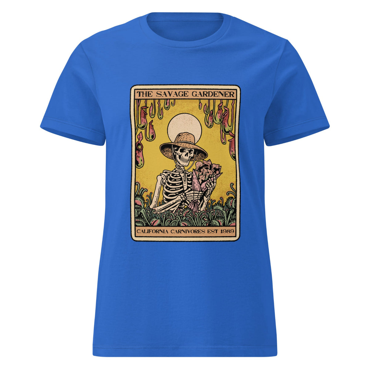 Blue t-shirt with a skeleton graphic and text on a white background