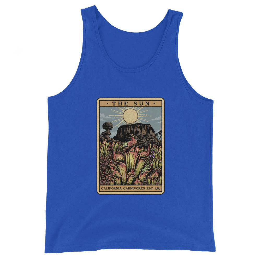 Royal Blue Shining Sun Unisex Tank Top with image of Heliamphora in the sun in tarot card style