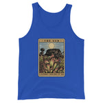 Royal Blue Shining Sun Unisex Tank Top with image of Heliamphora in the sun in tarot card style