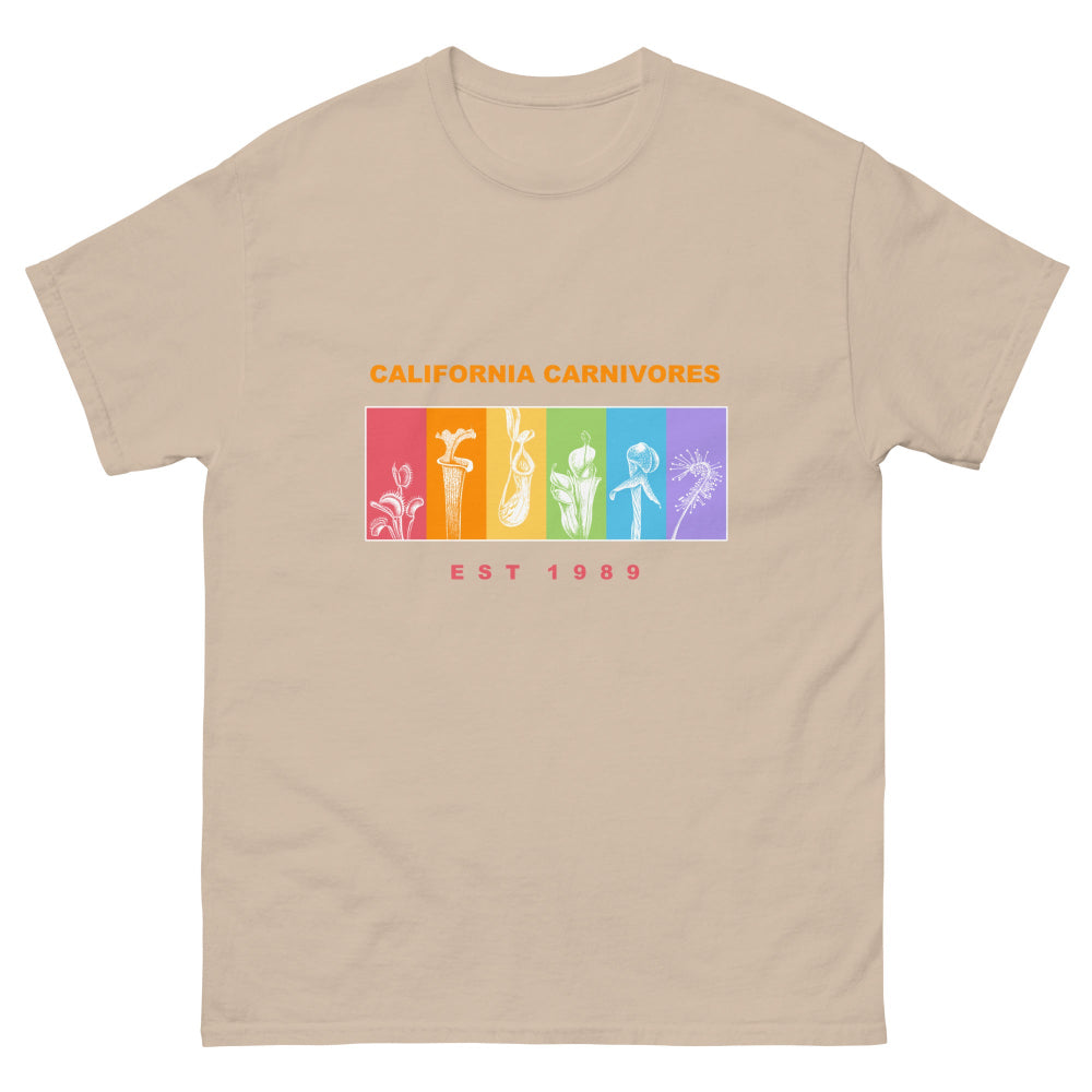 Beige t-shirt with colorful graphic and 'California Carnivores' text on a white background