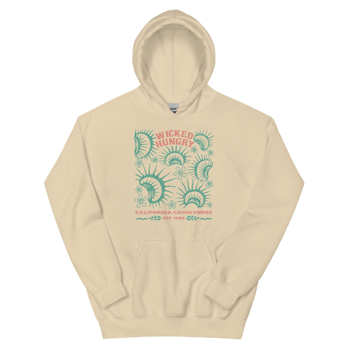Sand California Carnivores unisex hoodie with Wicked Hungry in coral, in the upper middle, surrounded by wood block print style flytraps in teal. 