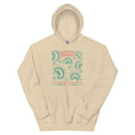 Sand California Carnivores unisex hoodie with Wicked Hungry in coral, in the upper middle, surrounded by wood block print style flytraps in teal. 
