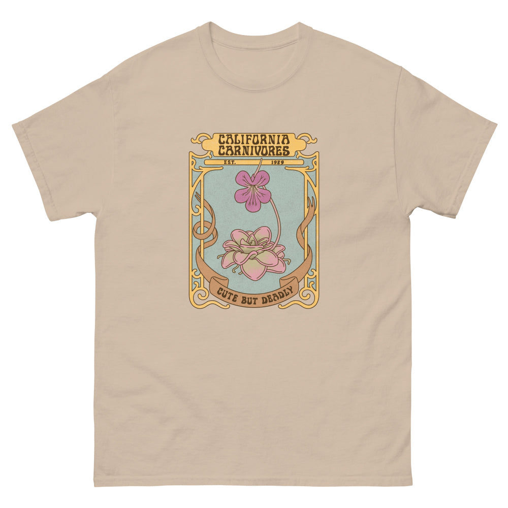 Beige t-shirt with a graphic design featuring flowers and text on a white background