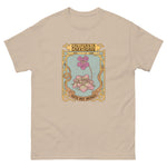 Beige t-shirt with a graphic design featuring flowers and text on a white background