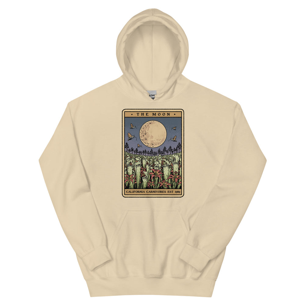 Beige hoodie with 'The Moon' tarot card design on a white background