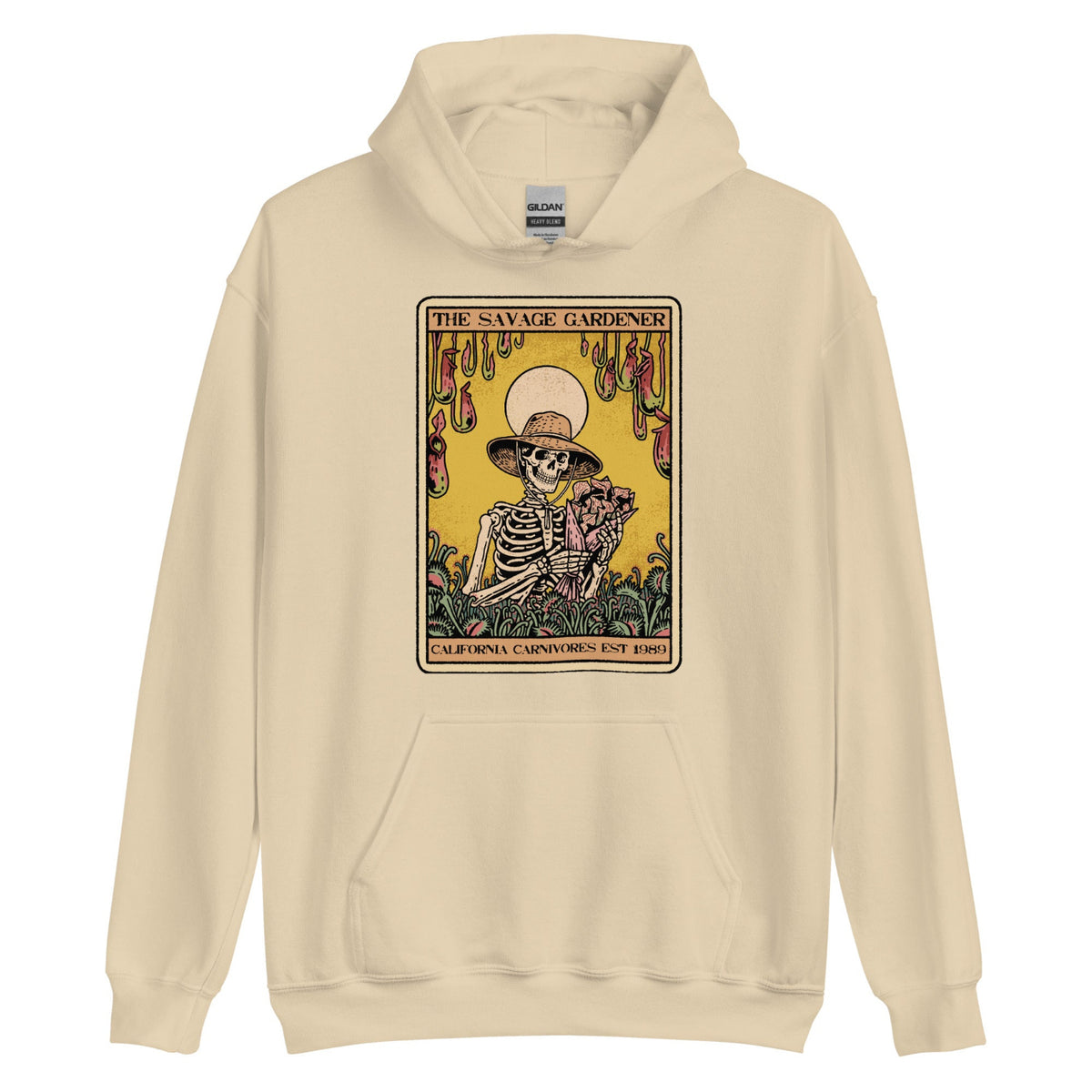 Beige hoodie with a graphic of a skeleton and text on a white background