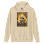 Beige hoodie with a graphic of a skeleton and text on a white background