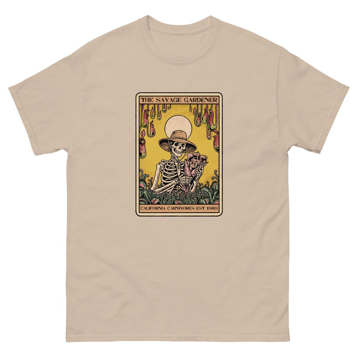 Beige t-shirt with a graphic of a skeleton gardener and text on a white background