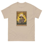 Beige t-shirt with a graphic of a skeleton gardener and text on a white background