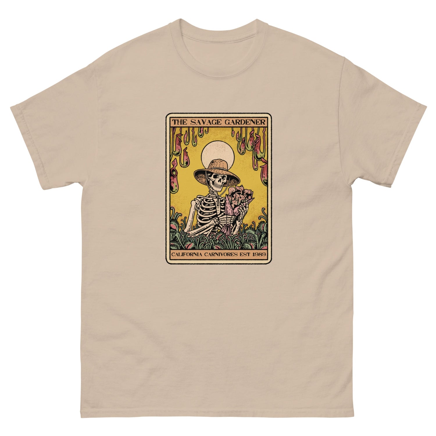 Beige t-shirt with a graphic of a skeleton gardener and text on a white background