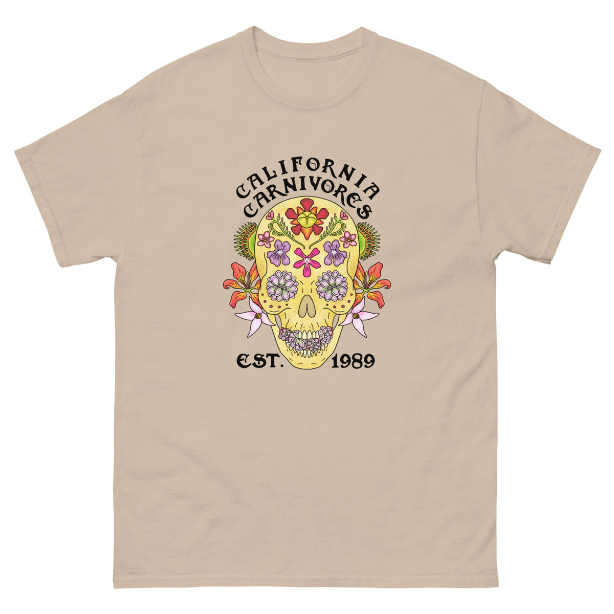 Beige t-shirt with a colorful skull design and 'California Carnivores' text on a white background