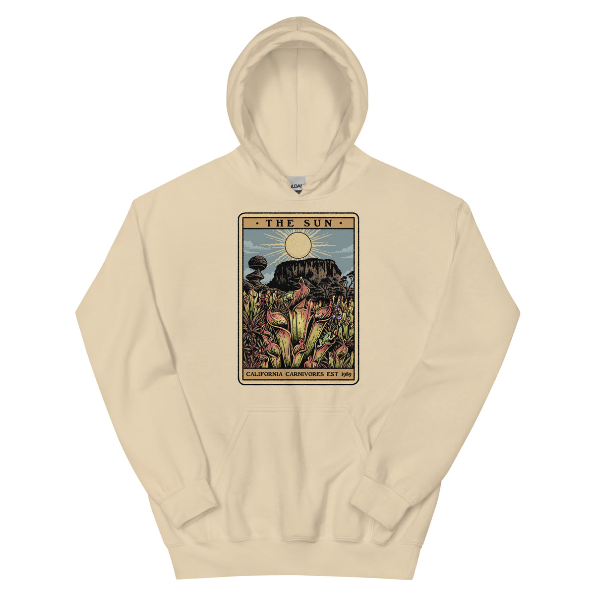 Sand Unisex hoodie with a graphic design of Heliamphora as the Sun tarot card