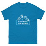 Blue t-shirt with 'California Carnivores' logo on a white background