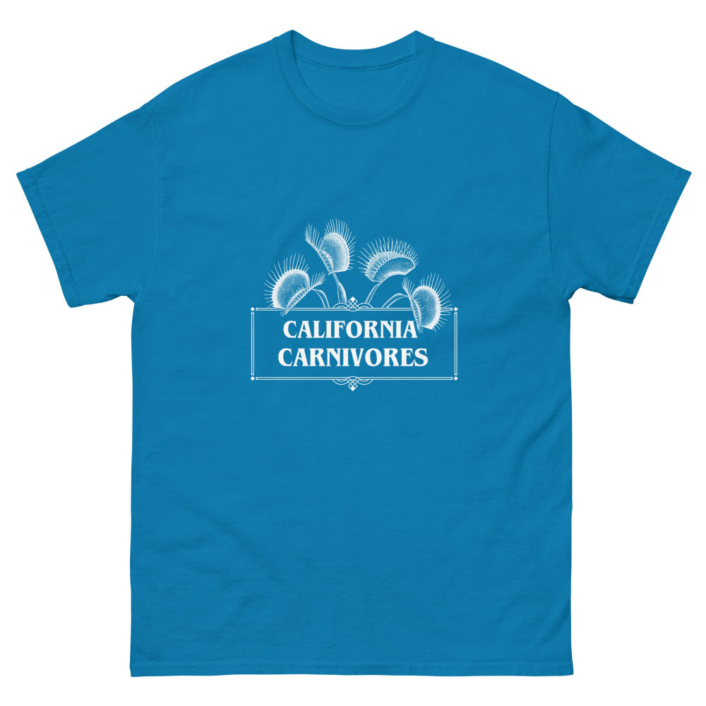 Blue t-shirt with 'California Carnivores' logo on a white background