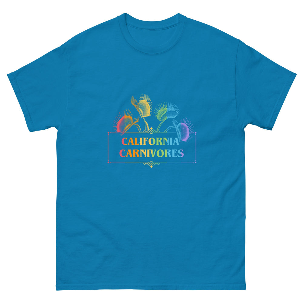 Blue t-shirt with 'California Carnivores' graphic on a white background