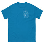 Blue t-shirt with a white logo on a white background