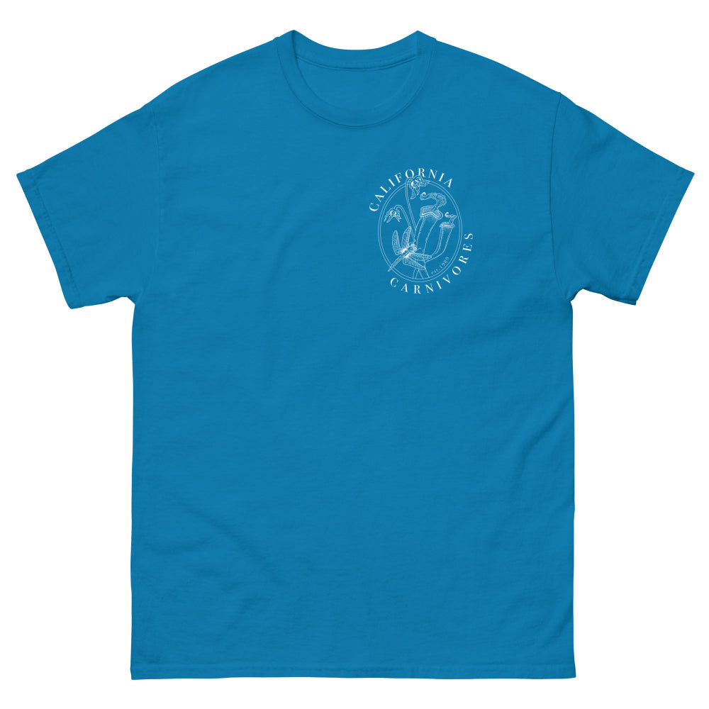 Blue t-shirt with a white logo on a white background