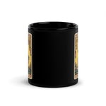Black mug with tarot card designs on a white background
