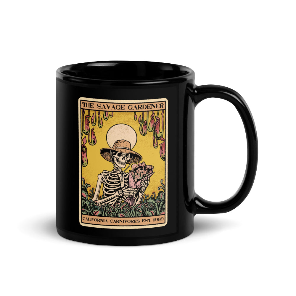 Black mug with a skeleton gardener design on a white background