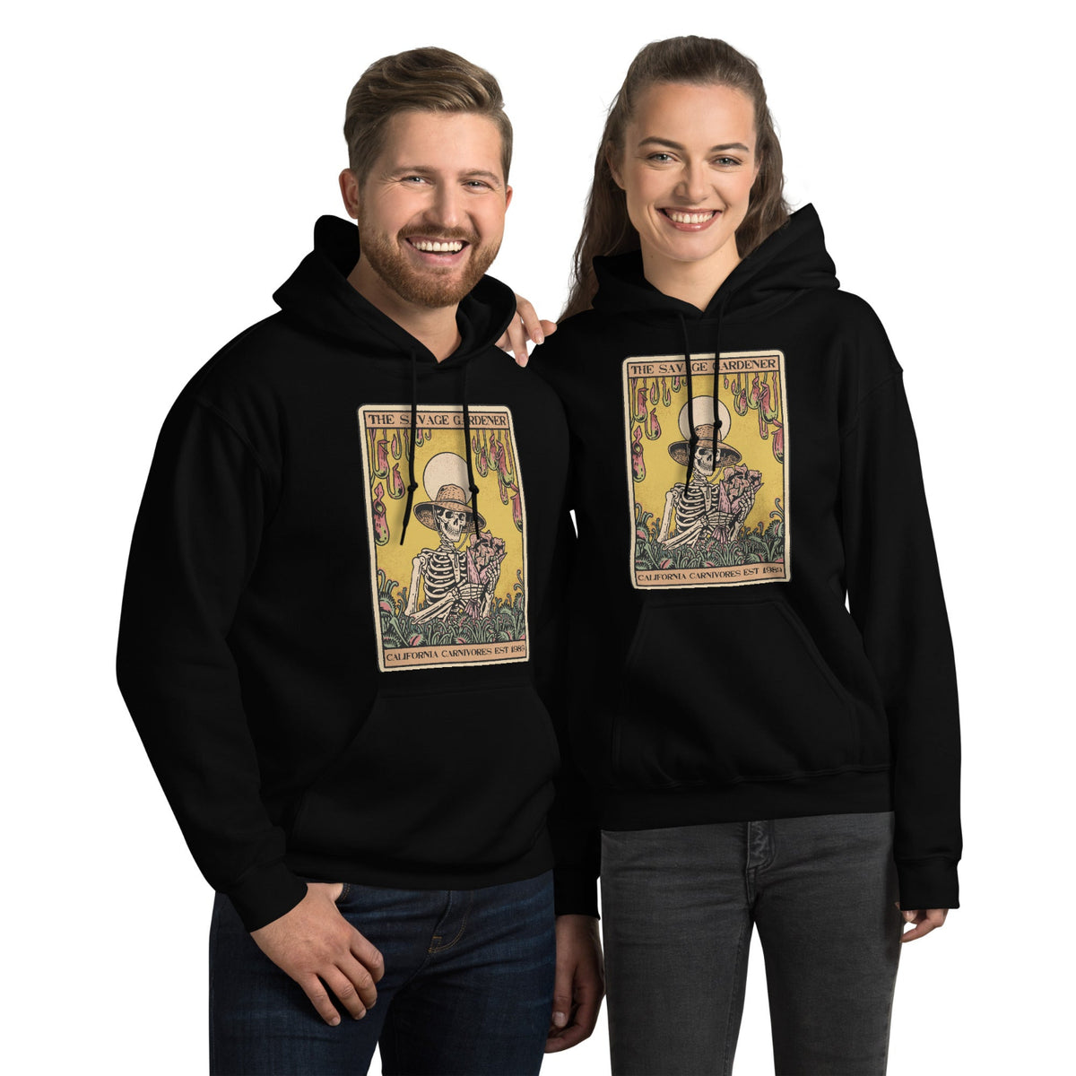 Two people wearing black hoodies with a graphic design on a white background