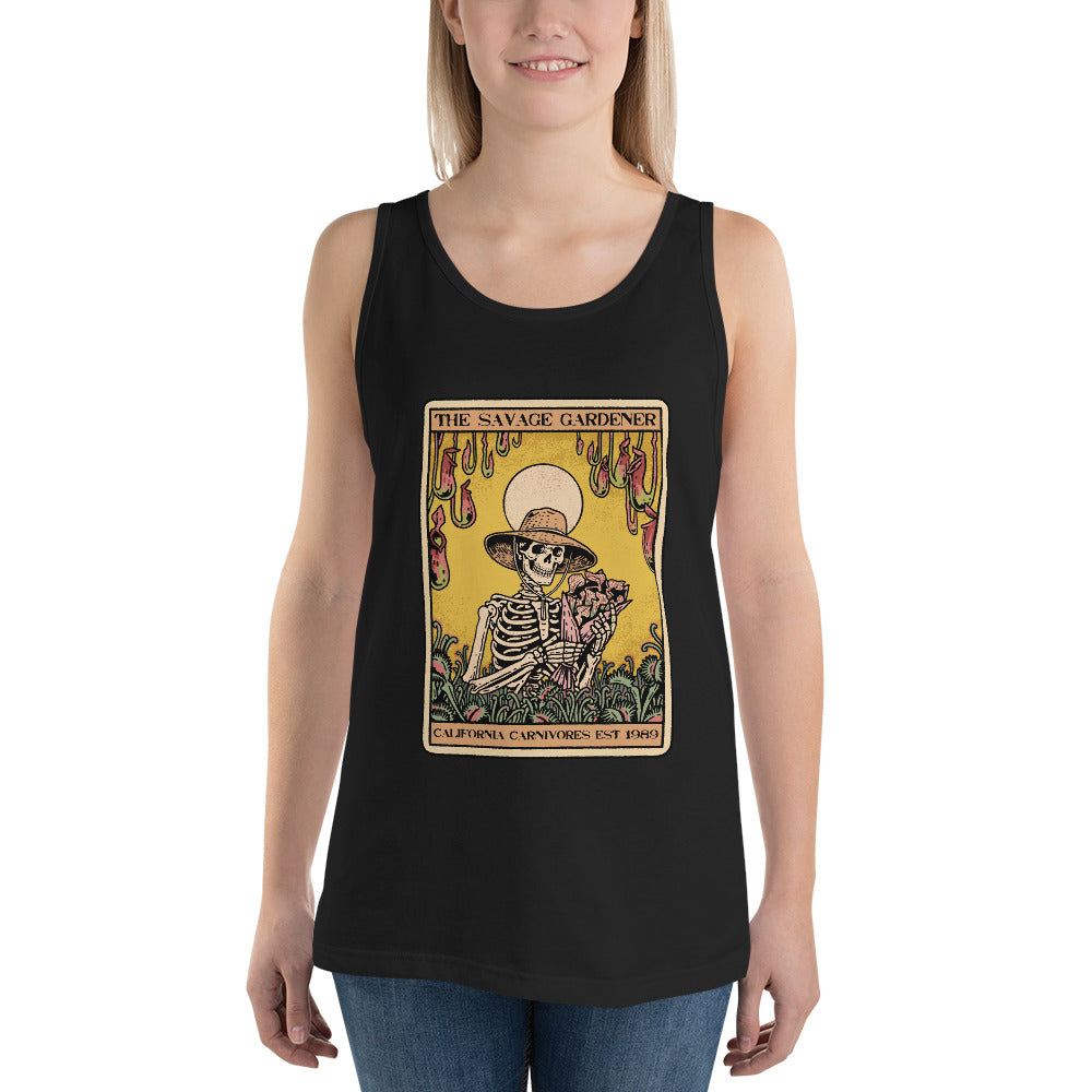 Person wearing a black tank top with a graphic design on a white background