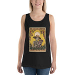 Person wearing a black tank top with a graphic design on a white background