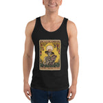 Person wearing a black tank top with a graphic design on a white background