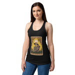 Woman wearing a black tank top with a graphic design on a white background