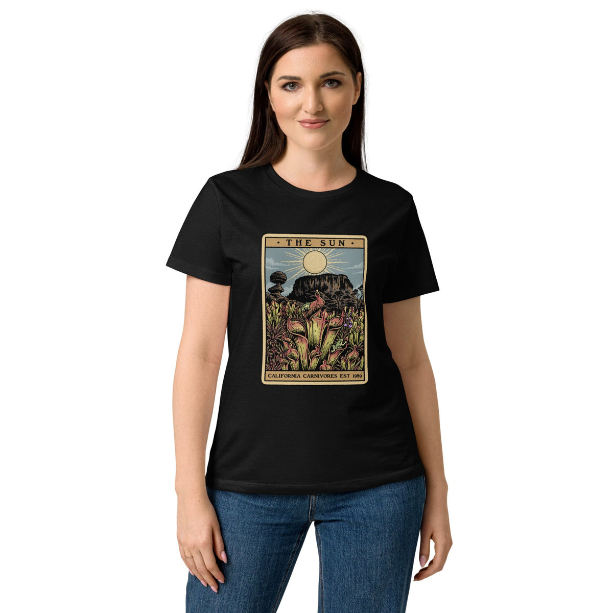 Woman wearing a black t-shirt with Heliamphora tarot card themed graphic design