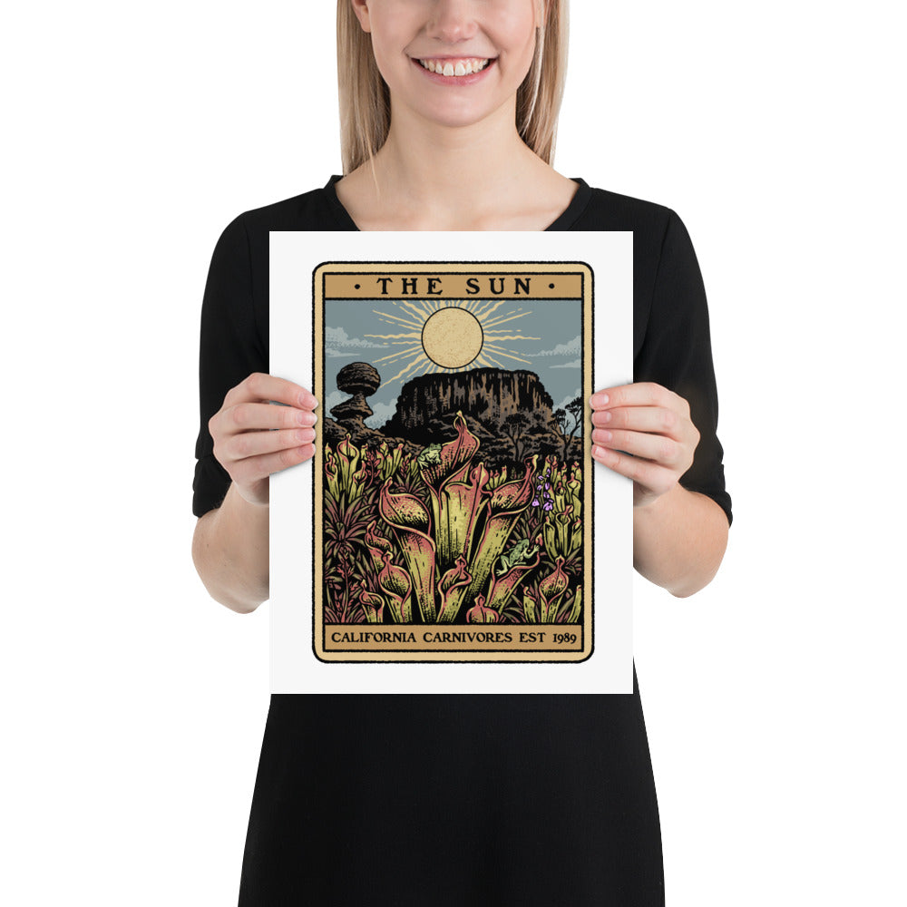 Person holding a framed artwork titled 'The Sun' by California Carnivores.