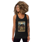 The Shining Sun Unisex Tank Top with image of Heliamphora in the sun in tarot card style on female model