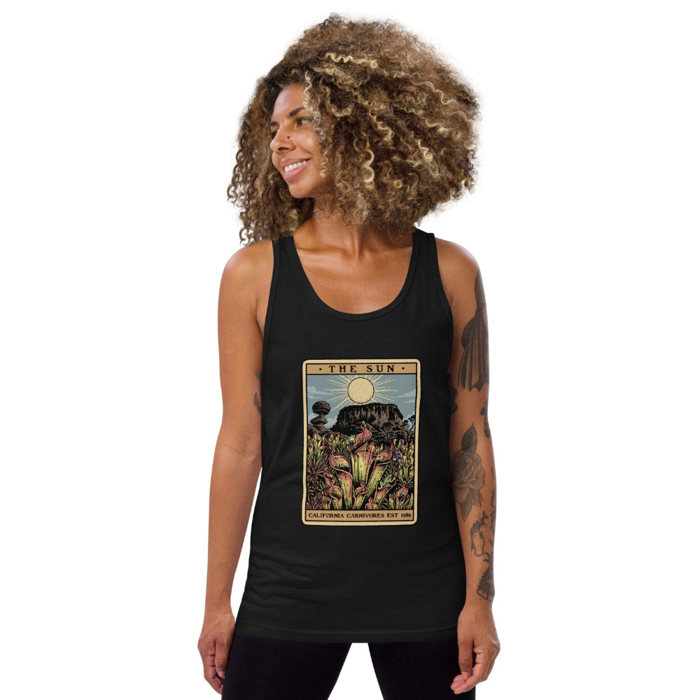 The Shining Sun Unisex Tank Top with image of Heliamphora in the sun in tarot card style on female model