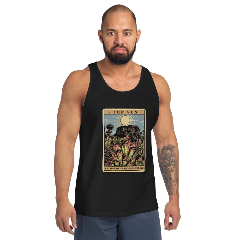 The Shining Sun Unisex Tank Top with image of Heliamphora in the sun in tarot card style on male model