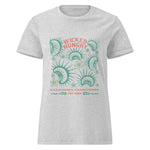 Sport Gray California Carnivores Womens t-shirt with Wicked Hungry in coral, in the upper middle, surrounded by wood block print style flytraps in teal. 