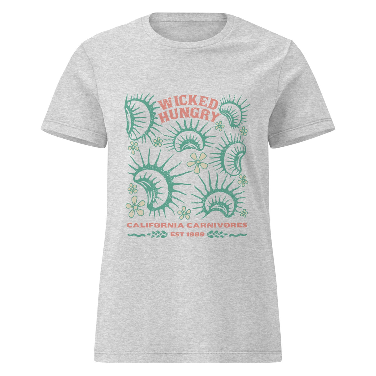 Sport Gray California Carnivores Womens t-shirt with Wicked Hungry in coral, in the upper middle, surrounded by wood block print style flytraps in teal. 