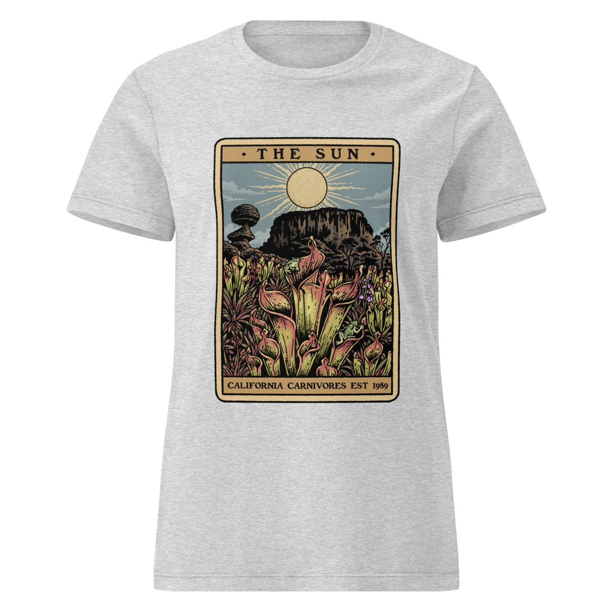 Gray t-shirt with a graphic design of a tarot card featuring heliamphora and text 