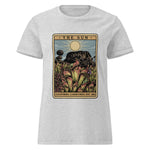Gray t-shirt with a graphic design of a tarot card featuring heliamphora and text 