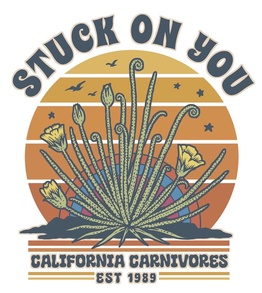 Graphic design with desert plant illustration and 'Stuck on You California Carnivores' text.
