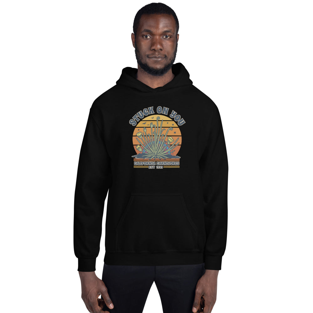 Person wearing a black hoodie with a graphic design on a white background