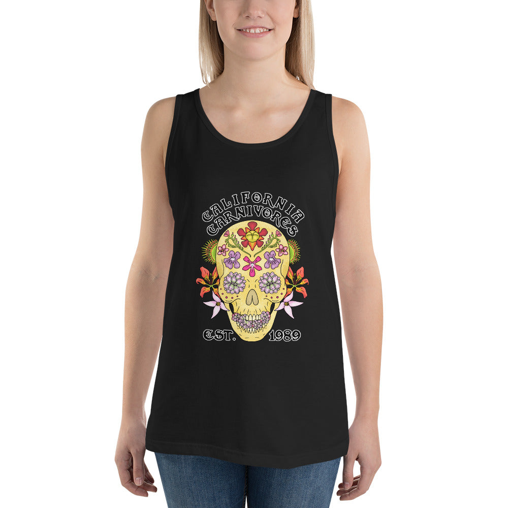 Black tank top with colorful skull design and text worn by a person on a white background