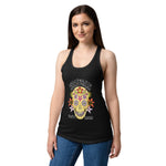 Woman wearing a black tank top with a colorful skull design